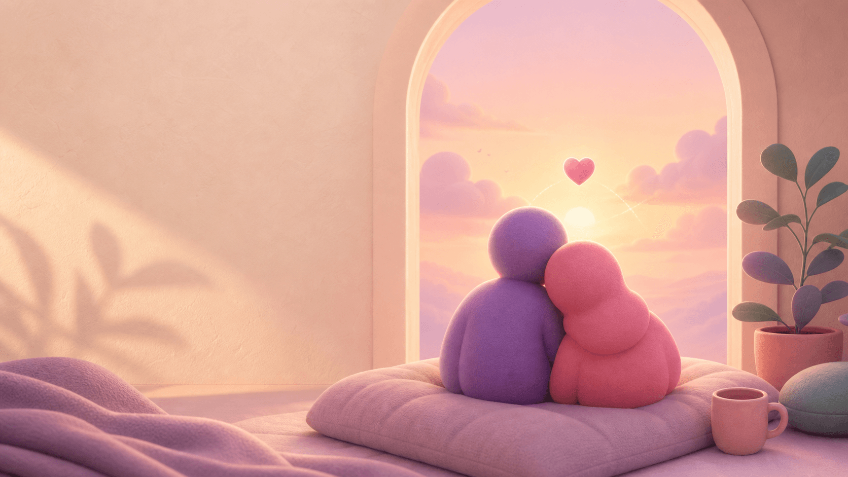 Two soft figures sitting together near a sunrise window.